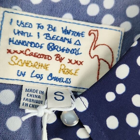 Free People -652 Sandrine Rose Navy Polka Dot Anchor button down shirt Small - Picture 5 of 9